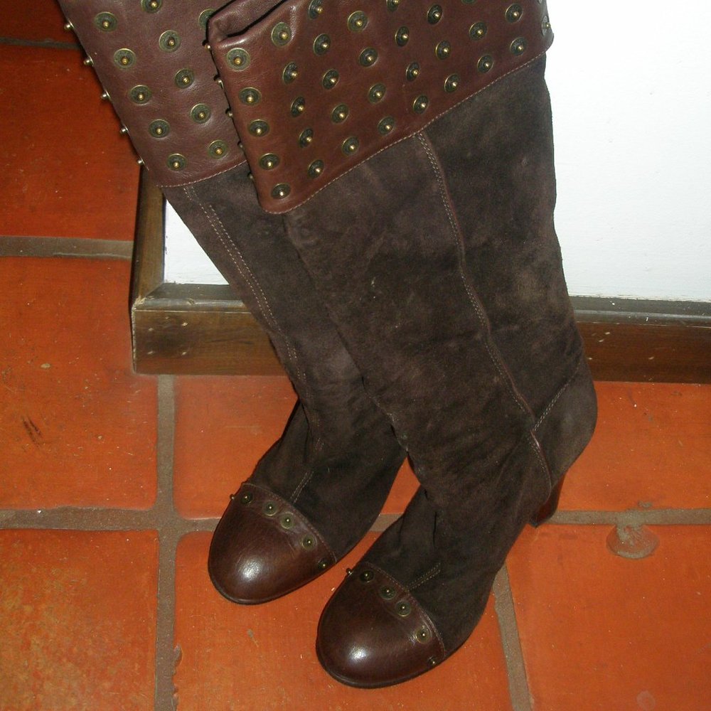 Miss Sixty 2004-05 38M Tall Brown Suede Grommet Embellished Stacked Heel Boots